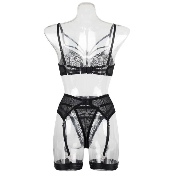 Intrigue Lace Bra and Suspender Lingerie Trio Back View