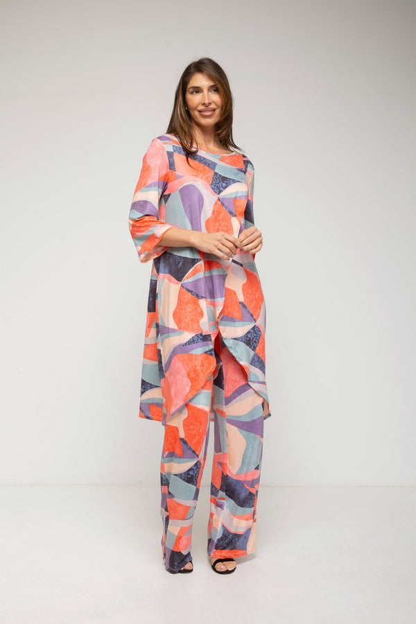 Conjunto de túnica larga estampada y pantalón color coral
