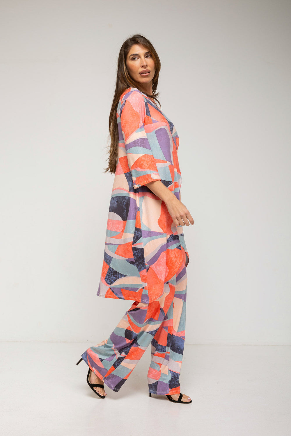 Conjunto de túnica larga estampada y pantalón color coral