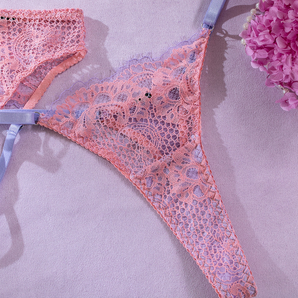 Wholesale Intimate Lingerie Set with Sexy Hollow Lace in Pink Panty Details