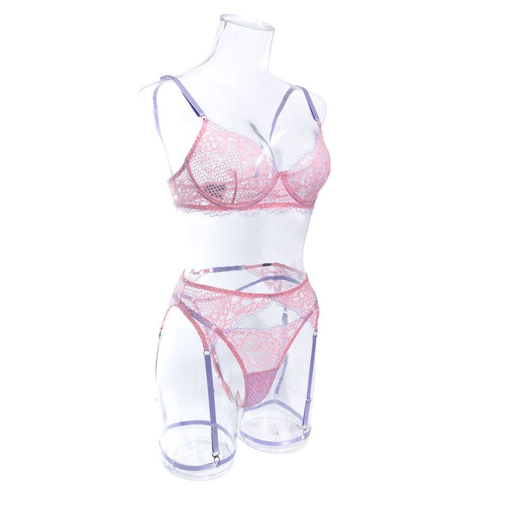 Wholesale Intimate Lingerie Set with Sexy Hollow Lace in Pink Side View